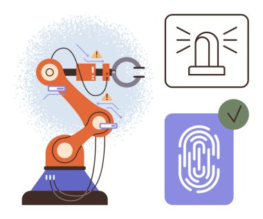 Uyarı simgesi ve onaylanmış parmak izi erişim sembolüyle robot kol uyarısı. Teknoloji, otomasyon, güvenlik, robot bilimi, kimlik, mühendislik ve yapay zeka için ideal. En az düz metafor