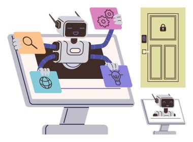 Arama, fikir ve işlem simgelerini içeren dijital kartları tutan monitörden çıkan robot. Kilitli kapı siber güvenliği simgeliyor. Teknoloji, yapay zeka, otomasyon, yenilik, güvenlik ağı araçları için ideal