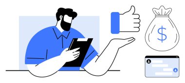 Pano tutan adam, başparmak kaldırma simgesi, para çantası, sohbet arayüzü. Finans, onay süreci, karar verme süreci, takım çalışması, üretkenlik projesi yönetimi için ideal basit iniş sayfası