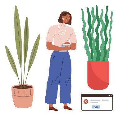 Etrafı saksı bitkileriyle çevrili bir panoya yazı yazan bir kadın ve bir hata bildirim kutusu. Organizasyon için ideal, üretkenlik, doğa, farkındalık, problem çözme, iletişim, basitlik. Basit.