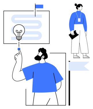 Adam soyut yolun üstündeki ampulü ve elinde pano tutan kadını işaret ediyor. Yaratıcılık, yenilik, takım çalışması, liderlik, iletişim, planlama ve profesyonel başarı için idealdir. Basit düz