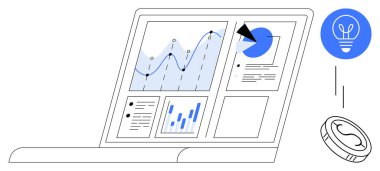 Analitik gösterge paneli olan dizüstü bilgisayar grafiği, bar grafiği, pasta grafiği ve metni gösteriyor. Para finansal fikirleri sembolize eder. Veri analizi, finans araçları, raporlar, strateji eğitimi için ideal