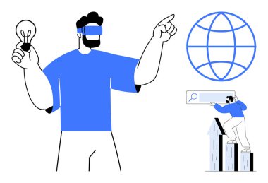 Ampul tutan ve küreyi gösteren VR kulaklıklı adam arama çubuğuyla grafiğe tırmanıyor. Yenilik, teknoloji, sanal gerçeklik, büyüme, keşif, küresel ulaşım için ideal