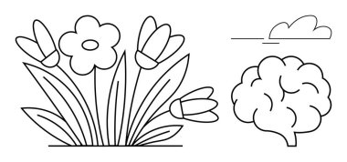 Yapraklı çiçekler, yapraklar, bir bulut ve basit çizgilerle dizayn edilmiş bir ağaç. Doğa, büyüme, ekoloji, yaratıcılık bahar minimalizmi ve çevresel temalar için idealdir. Basit düz metafor