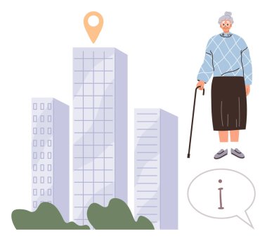 Yüksek şehir binalarının yanında bastonlu yaşlı bir kadın, ufuk çizgisinin üstünde harita broşu, bilgi balonu. Navigasyon, yardım, kentsel yaşam, yaşlanma, ulaşılabilirlik şehir rehberi için ideal. Basit.