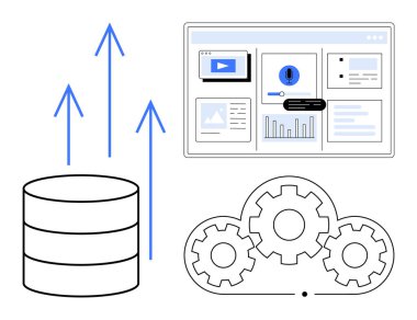 Veri depolama, bulut dişlileri ve oklu gösterge paneli. Veri yönetimi, bulut çözümleri, otomasyon, analitik, optimizasyon yeniliği ve sistem verimliliği için ideal. Basit düz metafor