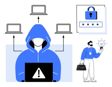 Kapüşonlu ceketli, laptoplu, bağlı cihazlı, şifreli, asma kilitli ve profesyonel bir fikri olan biri. Güvenlik, hackleme, veri gizliliği, teknoloji, yenilik siber suç bilişim için ideal