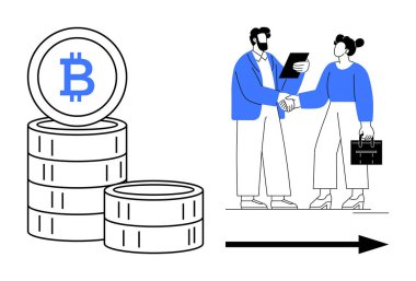 Ortaklar arasında evrak ve evrak çantası ile profesyonel bir tokalaşmanın yanında birikmiş Bitcoin paraları. Kripto para birimi ticareti, finans, engelleme zinciri, ortaklıklar, takım çalışması, yenilik, basit