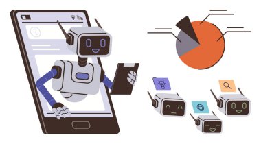 Robot akıllı telefonla iletişim kuruyor, veri grafiklerini analiz ediyor ve ikonlarla sohbet robotlarının yüzlerini gösteriyor. AI, teknoloji, veri analizi, makine öğrenimi, otomasyon, dijital yardım yeniliği için ideal