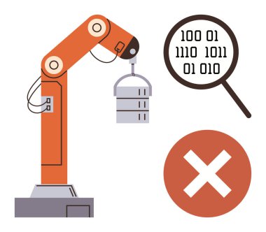 Veri tabanı konteynırını kontrol eden robotik kol, ikili kodlu büyüteç, hataları gösteren kırmızı haç. Otomasyon, teknoloji, veri yönetimi, endüstriyel süreçler ve hata tespit için ideal