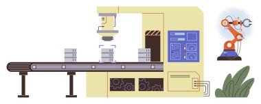 Akıllı kontrollerle geliştirilmiş endüstriyel makinelere bağlı taşıma araçlarındaki robot kol işleme maddeleri. Teknoloji, üretim, üretkenlik, otomasyon, mühendislik, sanayi 4.0 için ideal