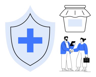 Tıbbi haçlı mavi kalkan, mühürlü kavanoz, iki profesyonel el sıkışıyor. Sağlık, sağlık, güvenlik, ortaklık, anlaşmalar güven ve sağlık kararları için idealdir. Basit düz metafor