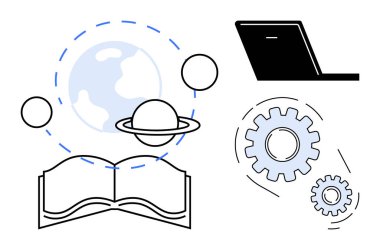Bilgi, teknoloji, yenilik, eğitim, küresel ulaşım ve yaratıcılığı sembolize eden bir gezegen, yörüngeler, dizüstü bilgisayar ve şanzıman içeren açık bir kitap. E- öğrenim takım çalışması için ideal