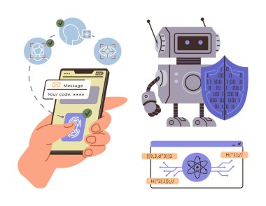 Parmak izi girişi, mesaj doğrulaması ve kalkan ve veri akışı diyagramının yanında robot simgesi olan akıllı telefon. Siber güvenlik, teknolojik yenilik, veri güvenliği, yapay zeka güvenliği için ideal.
