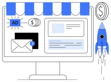 Bilgisayar ekranında pazarlama faaliyetleri e-posta, reklam ve içeriği onaylar. Roket büyümeyi simgeler, gelir için dolar simgeleri. Pazarlama, reklam, iletişim, strateji sektörü için ideal
