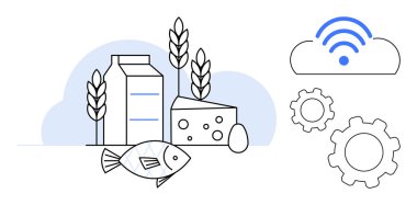 Süt kutusu, peynir, yumurta, buğday, IoT bulut simgesi ve vites sembolleriyle birlikte balık tarım, gıda ve teknolojiyi birleştirir. Gıda teknolojisi ve tarımsal tedarik zinciri otomasyonu için ideal.