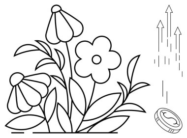 Çiçeklerin yaprakları yemyeşil ve okların yanında büyümeyi, refahı ve finansal başarıyı sembolize ediyor. Doğa, ekonomi, sürdürülebilirlik, zenginlik, ilerleme, gelecek ve motivasyon için ideal