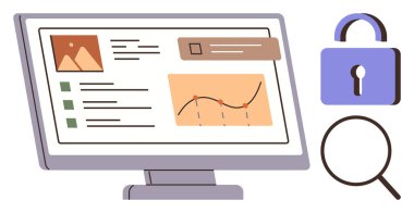 Bilgisayar monitörü grafikleri ve metni, asma kilidi, veri koruması için büyüteç, online araştırma, analitik, teknoloji güvenliği ve mahremiyet gösteriyor. Siber güvenlik ve veri analizi için ideal