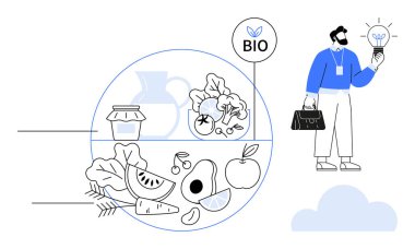 Çevre dostu fikir ampulü, taze organik sebzeler, meyveler ve eko-etiketi tutan adam. Sürdürülebilirlik, tarım, yenilik, eko-tüketici biyo-yaşam besin sistemleri için ideal sağlıklı beslenme. Basit.