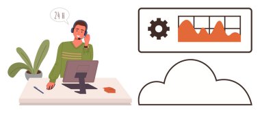 Masada kulaklık takan bir adam grafik ve bulut arayüzünü izlerken iletişim kuruyor. Müşteri hizmetleri, teknik destek, bulut hesaplama, analitik, takım çalışması, uzaktan çalışma, güvenilir