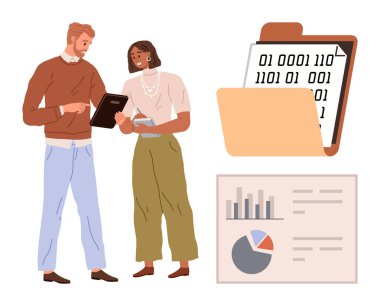 Cihazlarla ilgili verileri gözden geçiren iki meslektaşım, dizindeki ikili dosya, grafikli analitik çizelge ve pasta grafiği. Takım çalışması, veri analizi, işbirliği, teknoloji, eğitim, strateji için ideal