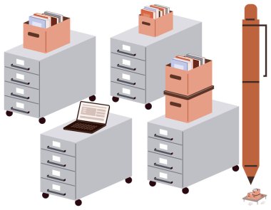 Dosya dolapları, içinde belgeler, laptop, büyük boy kalem ve ataç olan kutular. Ofis organizasyonu, işyeri verimliliği, depolama yönetimi, verimlilik planlama belgesi için ideal