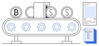Şifreli paralar, içerik dokümanları ve mobil arayüzü işleyen çarklı taşıma bandı. Fintech, otomasyon, engelleme zinciri, kripto para birimi, içerik oluşturma, basit teknoloji için ideal