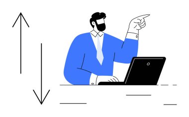Bir dizüstü bilgisayarda çalışan iş adamı, yükselen ve düşen eğilimleri yön oklarıyla analiz ediyor. Finans, istatistik, strateji, karar verme, analiz, liderlik büyümesi için ideal. Basit düz