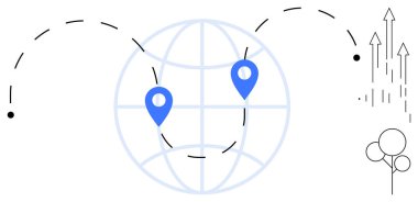 Yer küresi konum lobutlarıyla işaretlenmiş ve noktalı çizgilerle birbirine bağlanmış, seyahat ve bağlantıları temsil ediyor. Navigasyon, lojistik, iletişim, ağ, küreselleşme, büyüme için ideal