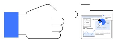 Büyük el, üzerinde pasta grafiği, çizgi grafiği ve veri kartları olan bir analitik gösterge panelini işaret ediyor. Analiz, raporlama, veri görselleştirme, araştırma, strateji, karar verme sade iniş sayfası için ideal