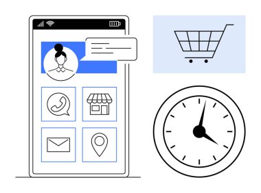 Akıllı telefon ekranında kullanıcı sohbeti, mesajlaşma, depolama yeri, alışveriş arabası, zaman çizelgesi veya hatırlatıcı saat görülüyor. E-ticaret, iletişim, iş araçları, zaman yönetimi dağıtımı için ideal