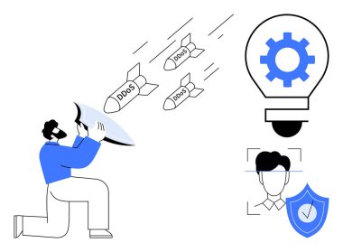 DDoS saldırılarını kalkan ile saptıran kişi, yenilikçi çözümler için ampul, yüz taraması, veri güvenliği için kalkan. Siber güvenlik, teknoloji, ağ koruması, bilişim savunması ve yenilik için ideal