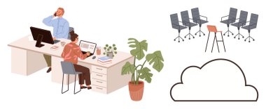 İki iş arkadaşı, bitkilerle çevrili bilgisayarlarla ortak bir masada etkileşime girer. Yakınlarda toplantılar için hazırlanmış sandalyeler ve bir bulut taslağı var. Takım çalışması, uzaktan kumanda, beyin fırtınası için ideal.