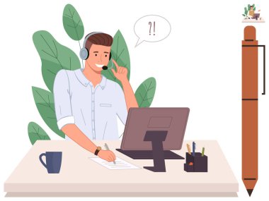 Müşteri sorularına kulaklık ve monitörle cevap veren, müşteri hizmetlerinde çalışan bir adam. Destek, iletişim, uzaktan çalışma kavramları, yardım masası, verimlilik, takım çalışması, basit iniş için ideal