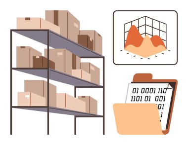 Kutuları, veri görselleştirme grafiği ve ikili kod belge diziniyle düzenlenmiş raflar. Lojistik, envanter, veri depolama, iş analizi, tedarik zinciri, teknoloji entegrasyonu için ideal