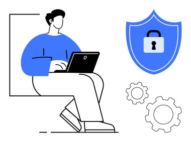 İnternet güvenliğini temsil eden asma kilit kalkanının yanında çalışan biri. Teknoloji için vites dahil. Siber güvenlik, teknoloji, veri koruması, yenilik ve bilişim hizmetleri için ideal