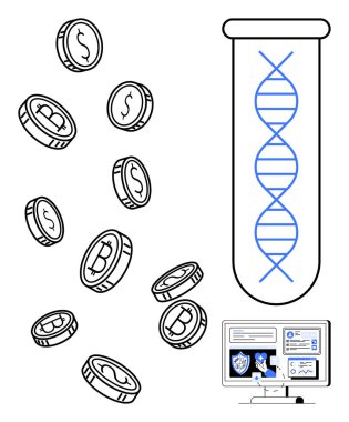 Bitcoin sikkeleri, bir test tüpündeki DNA sarmalının yakınına düşüyor ve güvenlik analizlerini gösteren bir bilgisayar var. Biyoteknoloji, kripto para birimi, yenilik, teknoloji, finans, araştırma, gelecekteki eğilimler için ideal