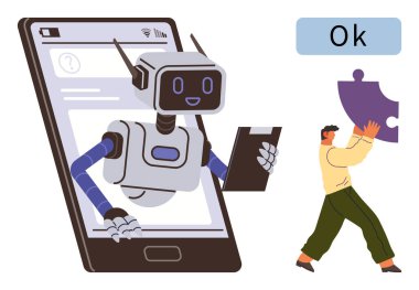 Akıllı telefon tabletinden çıkan robot, yapboz parçası taşıyan bir adam. Yapay zeka, takım çalışması, teknoloji, problem çözme, yenilik, mobil uygulamalar dijital yardım için idealdir. Basit.