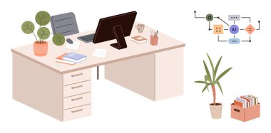 Bilgisayar monitörü, dizüstü bilgisayarı, kitapları, kırtasiyesi, saksı bitkileri ve yapay zeka işleme diyagramı olan düzenli bir masa. Üretkenlik, teknoloji, yapay zeka yenilik organizasyonu yaratıcılık modern çalışma alanı için idealdir.