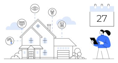Bağlı akıllı özelliklere sahip ev, güvenlik, aydınlatma ve cihazları onaylıyor. Sistemi yönetmek için tablet kullanan bir kadın. Teknoloji, otomasyon, güvenlik, enerji verimliliği için ideal.