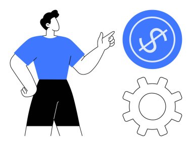 Dolar işaretini işaret eden ve mali planlamayı, verimliliği ve stratejiyi sembolize eden kişi. İş, yatırım, yaratıcılık, yenilik, yönetim, takım çalışması için ideal basit düz metafor