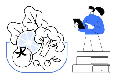 Kitapların yanında duran bir tablet, içinde sebzeler ve meyveler olan büyük bir salata kasesi. Beslenme, sağlık, eğitim, sağlıklı yaşam tarzı, diyet planlaması, organik gıda tanıtımı için idealdir.