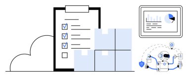 Kontrol listesi, istiflenmiş kutular, veri tableti ve lojistik robotlar otomasyon, envanter yönetimi ve teknolojiyi yansıtıyor. Verimlilik, lojistik ve planlama için idealdir.