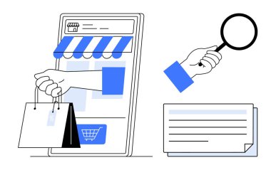 Akıllı telefondan dijital mağaza önü, alışveriş torbaları, arama için büyüteç ve belgeler. E-ticaret, çevrimiçi arama, perakende, pazarlama, analitik, alışveriş için ideal