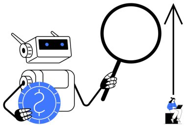 Robot elinde büyüteç, madeni para analizi, büyüme için ok, dizüstü bilgisayarı olan kişi. Teknoloji, yapay zeka, finans, veri analizi, yenilik geliştirme otomasyonu için idealdir. Basit.