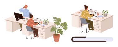 Ofis sahnesinde dizüstü bilgisayarlarda yazı yazan iki iş arkadaşı fikir dekorunu tartışırken bitkiler, masalar ve dosyalar da var. Takım çalışması, üretkenlik, işbirliği, ofis kültürü, profesyonellik için ideal