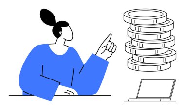 Dizüstü bilgisayarın yanına istiflenmiş madeni paralar, dijital ekonomi, yatırım, tasarruf, iş stratejisi ve kişisel finansmanı sembolize eden bir kadın. Finansal için ideal