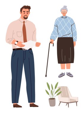 Elinde evrak tutan bir adam, bastonlu yaşlı kadına yardım ediyor. Sandalye ve bitki ile kapalı bir ortam. Bakım, yaşlılık desteği, sosyal hizmet, yardım programları, aile bakımı, yaşlanan topluluk için ideal