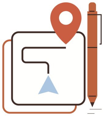 Harita işaretleyicisi ve yön oku kare bir grafiğin üzerinde bir kalemle. Navigasyon, planlama, yön, seyahat, eğitim, strateji ve basit bir düz metafor için ideal