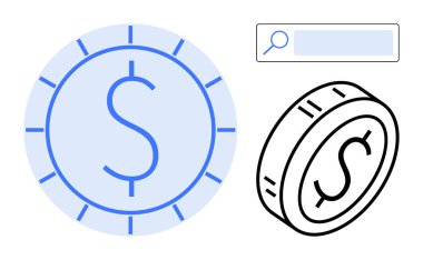 Dolar işareti ve dairesel desenli para çizimleri bir arama çubuğunun yanında. Finans, yatırım, bankacılık, tasarruf, araştırma, fintech, iş uygulamaları ve basit iniş sayfaları için ideal